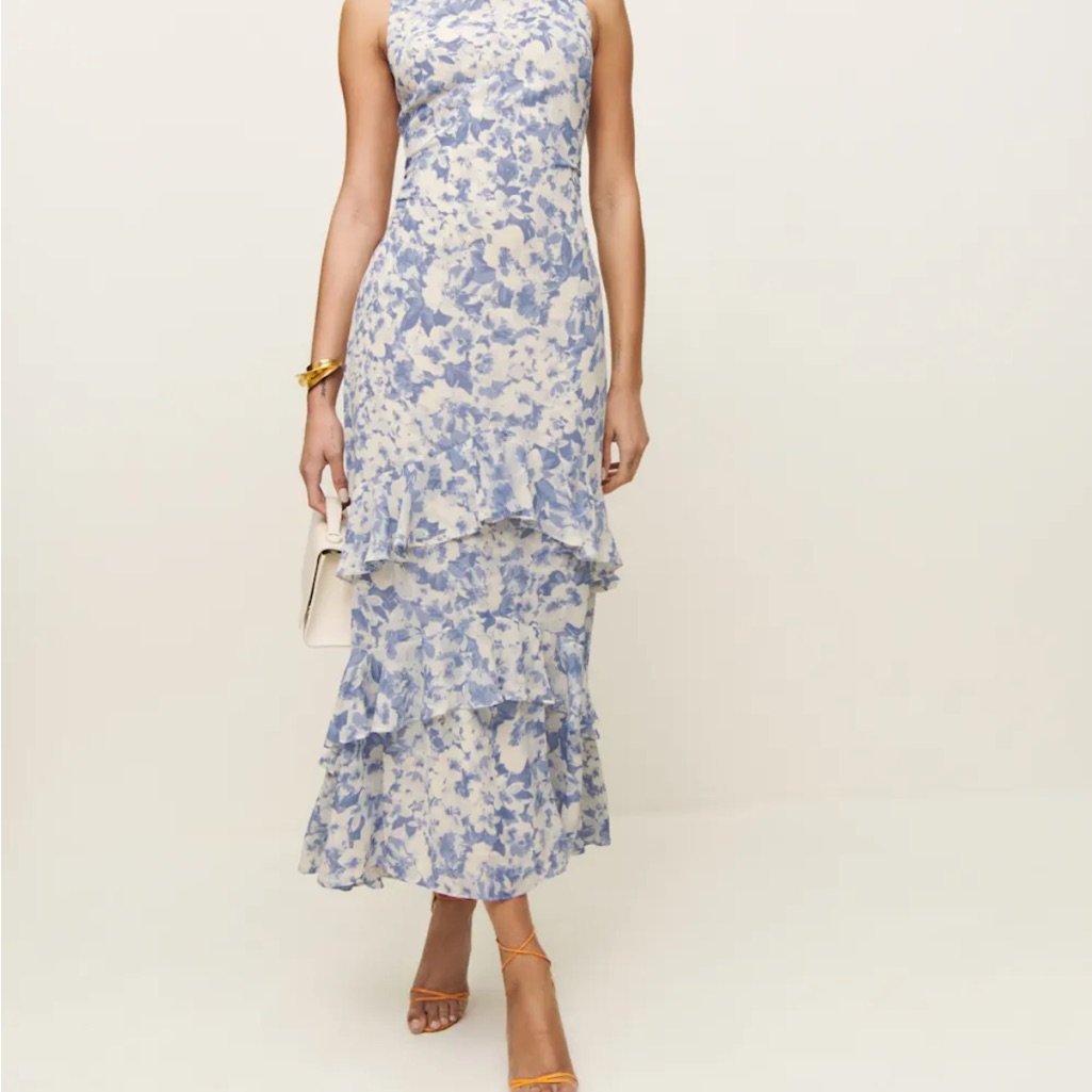 Reformation Blue And White Floral Tiered Midi Dress